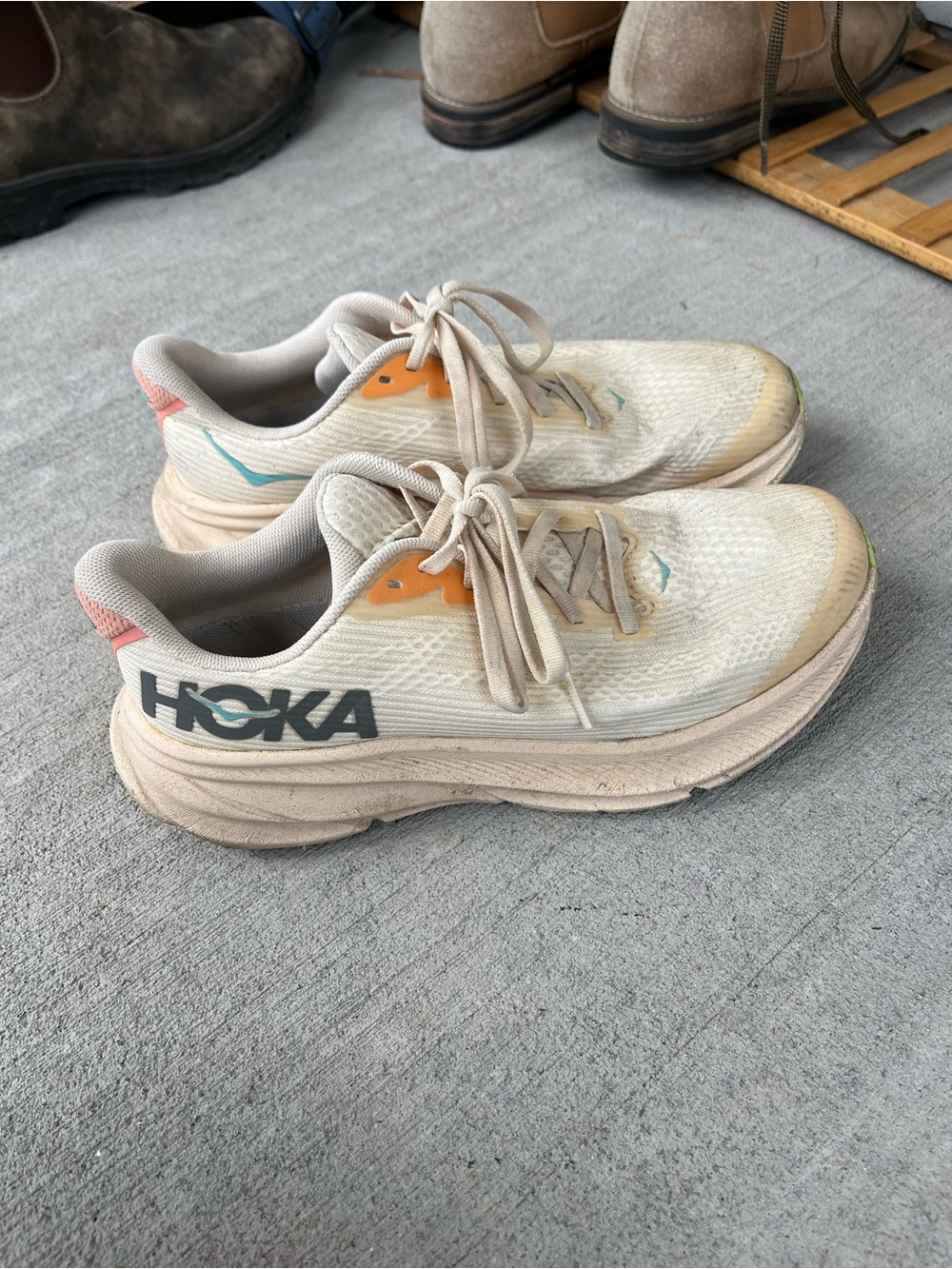 Hoka Running Sneakers in Cream with Teal & Lime Accents